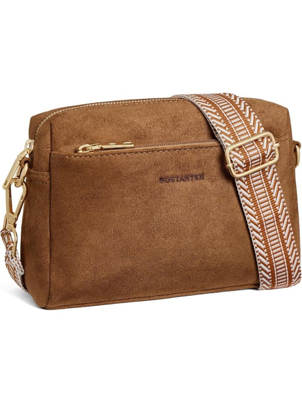 Women's Brown Leather Triple Zip Crossbody Bag Purse with Colored Shoulder Strap
